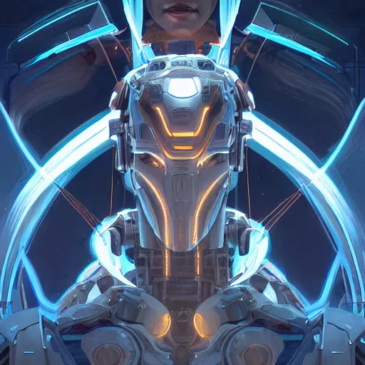 Image similar to ghost, mecha, symmetrical. sci - fi, tech wear, glowing lights, intricate, elegant, highly detailed, digital painting, highly detailed, digital painting, artstation, concept art, smooth, sharp focus, illustration, art by artgerm and greg rutkowski and alphonse mucha