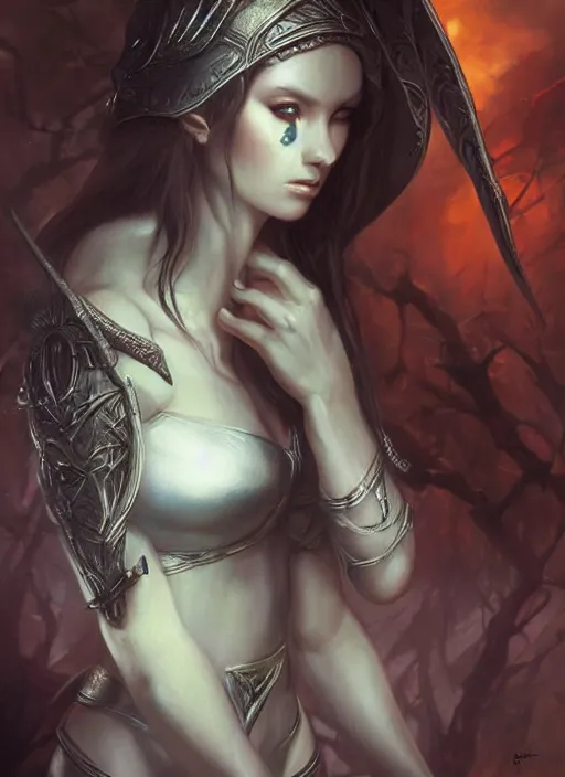 Prompt: female elf painted by artgerm and tom bagshaw, fantasy art, dramatic lighting, highly detailed oil painting