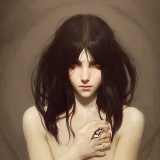 Image similar to emo girl and her cat, with long dark hair, thick eyebrows!!! deep dark big eyes and dark circles!, wide nose!!!, oval face shape, big cheeks!, by greg rutkowski and alphonse mucha, trending on artstation