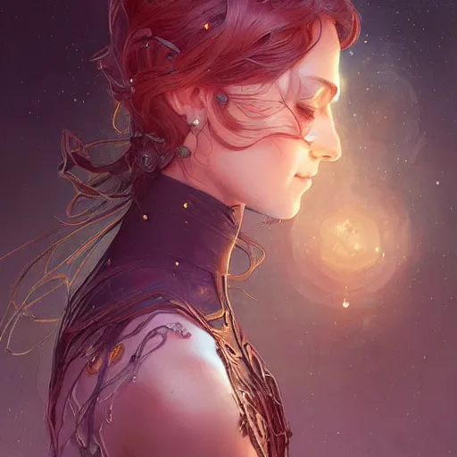 Image similar to the way is the harmony of the universe, fantasy, fantasy magic, undercut hairstyle, dark light night, intricate, elegant, sharp focus, illustration, highly detailed, digital painting, concept art, matte, art by wlop and artgerm and greg rutkowski and alphonse mucha, masterpiece