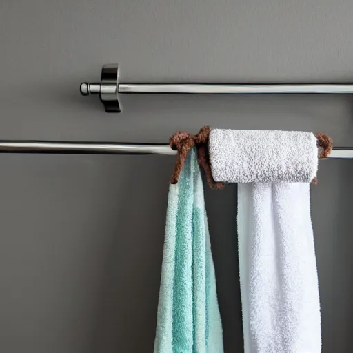 Prompt: a doll tied to a towel rack in the bathroom with a fabric belt