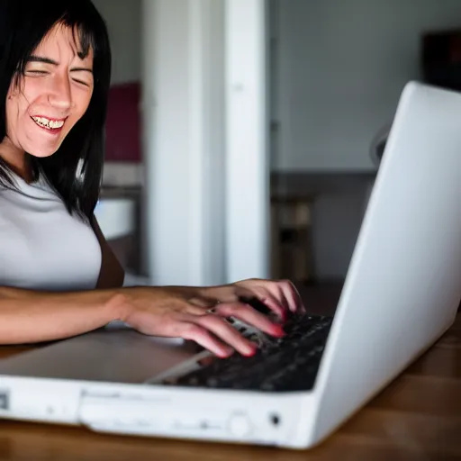 Prompt: Woman feeling extreme joy using a computer, Candid shot, Canon EOS