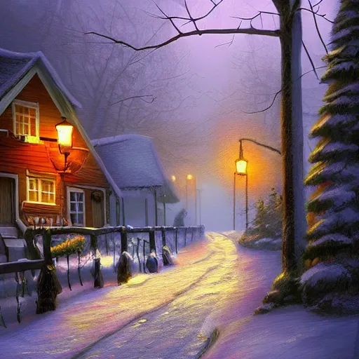 Prompt: street with cottage inspired by Evgeny Lushpin,cable car,winter,nighttime,cinematic,art station