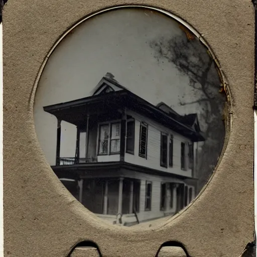 Image similar to A tintype photo of a house floating 10 feet above the ground. The house has legs and is walking away
