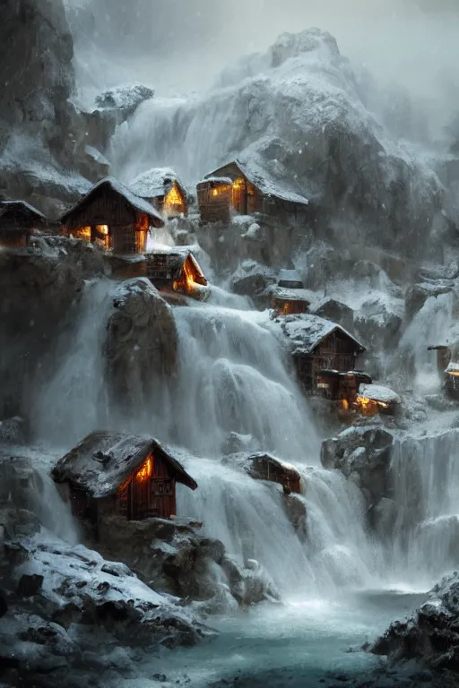 Image similar to mountain village with wooden viking houses on top of a waterfall in the snow, blizzard, a small stream runs beneath the waterfall, landscape, raphael lacoste, eddie mendoza, alex ross, concept art, matte painting, highly detailed, rule of thirds, dynamic lighting, cinematic, detailed, denoised, centerd