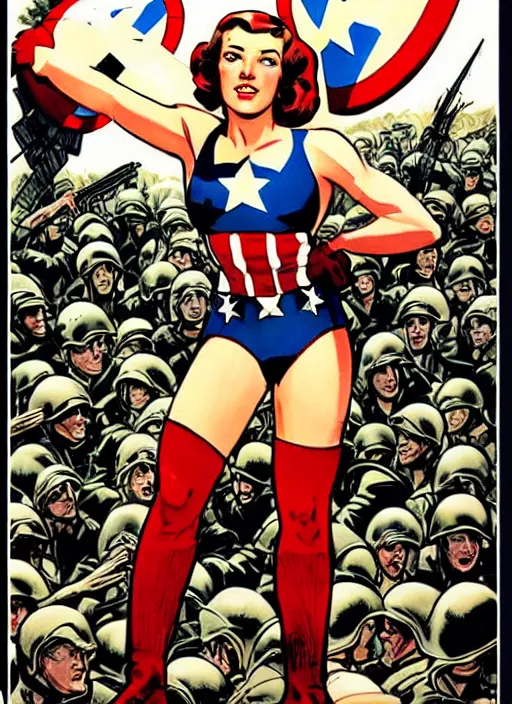 Prompt: beautiful female captain america standing on a pile of defeated and beaten german soldiers. feminist captain america wins wwii. american wwii propaganda poster by james gurney. gorgeous face. overwatch