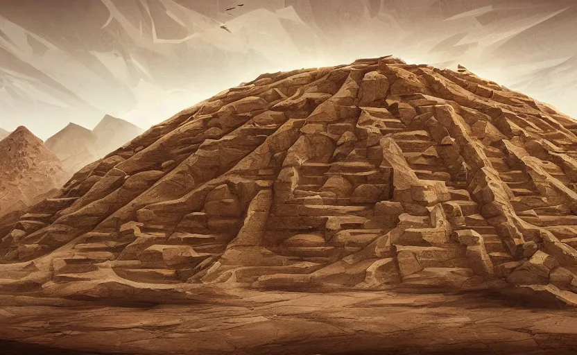 Prompt: ziggurat frontview, desert, sandstorm, high rocks, highly detailed, digital painting, architecture, artstation, concept art, sharp focus, illustration, aleksi briclot