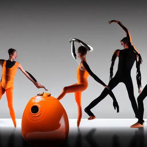 Image similar to photo of contemporary dancers, dancing around an orange kuka servo robot, in uy studio clothing, inside berghain berlin, lowlight, photorealistic, 8 k