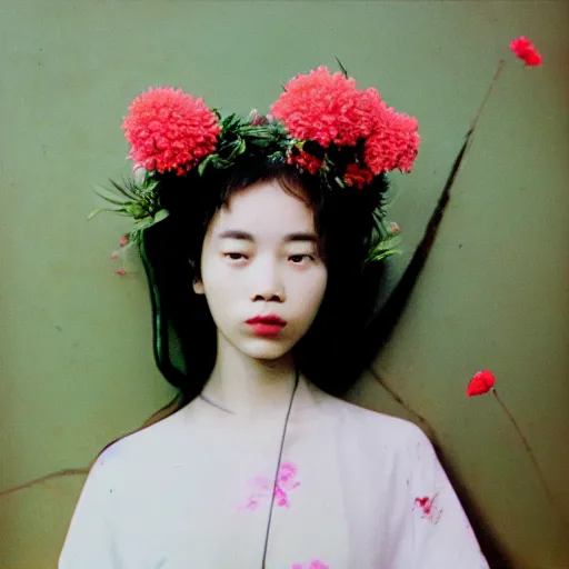 Image similar to extra close-up, color film photography, portrait of a beautiful woman with flowers on her head, in style of ren hang, 35mm, film photo