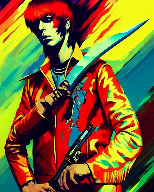 Image similar to poster of ziggy stardust with a bowie knife, colorful, james jean, ilya kuvshinov, krenz cushart, Greg Rutkowski, trending on artstation, masterpiece