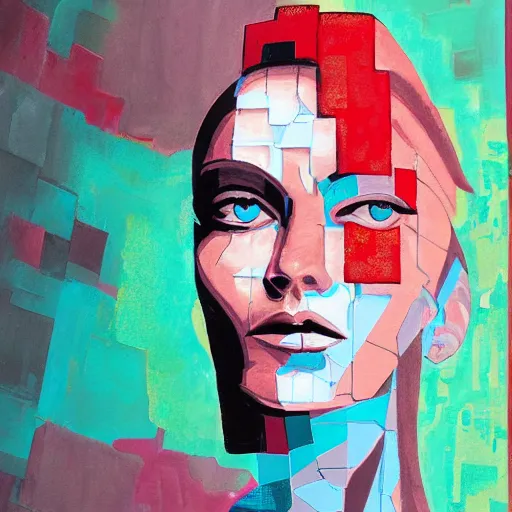 Prompt: a graph - style gouache impasto huge robot head in front of her, cyberpunk art by