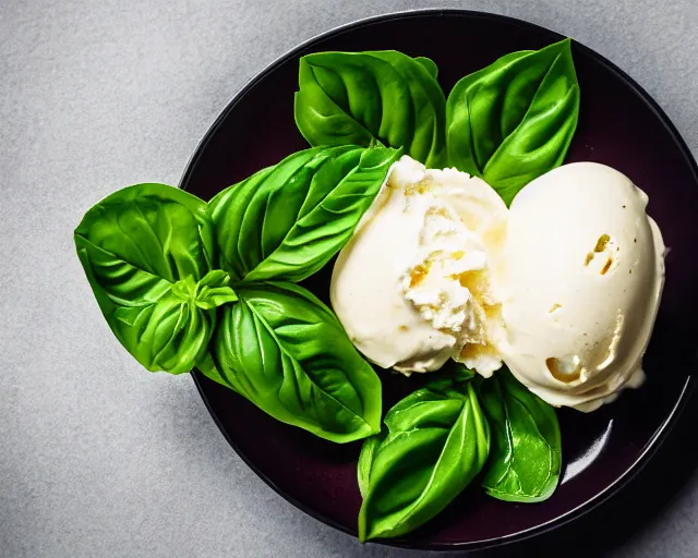 Image similar to dslr food photograph of vanilla ice cream with ketchup on, a leaf of basil on the ice cream, 8 5 mm f 1. 4