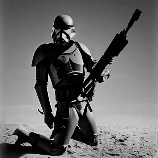 Prompt: falling soldier, republic clone trooper, black - and - white photograph, geonosis, realism, pictorialism, by robert capa, 3 5 mm film, like the moment of death has been frozen forever, groundbreaking photography