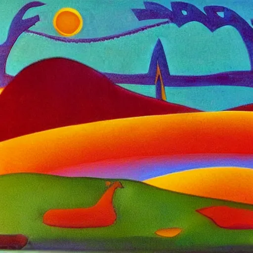 Prompt: A beautiful sculpture of a landscape. It is a stylized and colorful view of an idyllic, dreamlike world with rolling hills, peaceful looking animals, and a flowing river. The scene looks like it could be from another planet, or perhaps a fairy tale. Navajo red by Milton Avery spirited