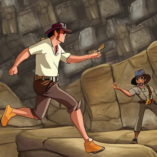 Image similar to Indiana Jones being chased by a boulder trap underground, boulder chase, inside ancient stone temple background, Indiana Jones running away from big round stone, raiders of the lost ark, detailed background, anime key visual