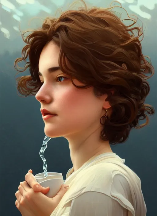 Image similar to full body portrait of a woman with short wavy hair, round face, cottagecore!!, small cup size lake water, intricate, enlightenment, highly detailed, digital painting, artstation, concept art, smooth, sharp focus, illustration, art by artgerm and greg rutkowski and alphonse mucha