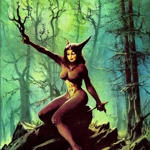 Prompt: witch in the woods, frank frazetta