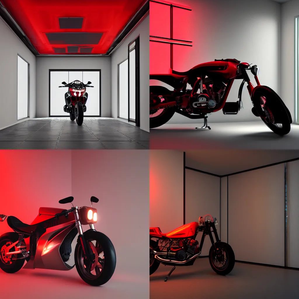 Prompt: a motorcycle parked in a room with a red light, a computer rendering by hendrick cornelisz vroom, featured on cg society, photorealism, vray tracing, ray tracing, octane render