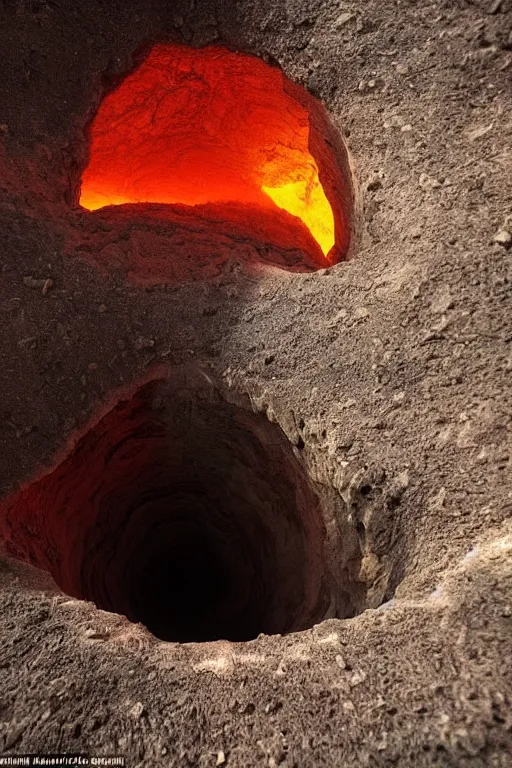 Prompt: looking down into a fissure in the earth, we see a fiery portal to another dimension, realistic, cinematic, dark colors, bright light