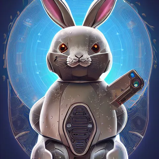 Image similar to rabbit robot, digital art, pokemon card, pokemon card, product - view, 2 - dimensional, 2 d, 4 k, insanely detailed and intricate, hypermaximalist, elegant, ornate, hyper realistic, super detailed