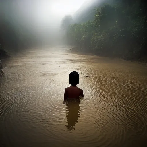 Image similar to award winning photo of a nepali village girl, bathing in a river, early morning, foggy, sunlight