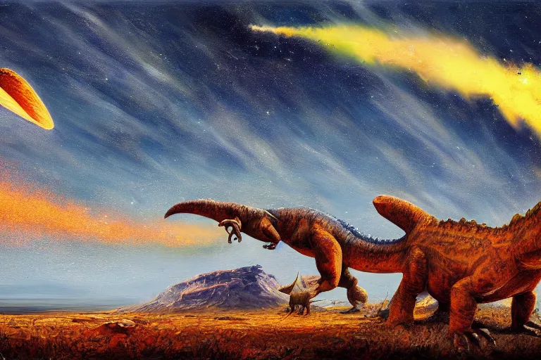 Image similar to Meteor impact behind a dinosaur, expressive oil painting, digital art, beautiful landscape, 4k