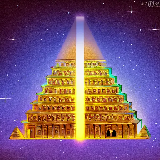 Prompt: bismuth pyramid with light emitting from the top, ancient city, digital painting, baroque