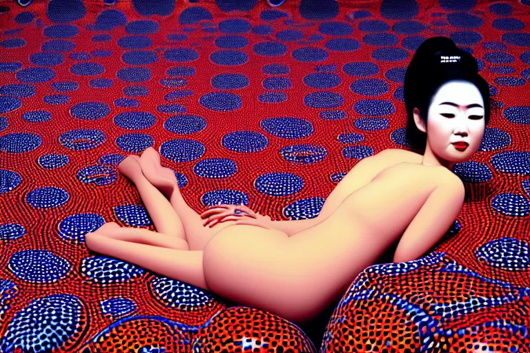 Image similar to realistic detailed image of a geisha laying down in a padded room, conjuring psychedelic background, part by yayoi kusama, part by ross tran, part by james jean, ultra realistic, highly detailed, life like face, detailed body, 8 k, octane render, trending on artstation, very cohesive, masterpiece