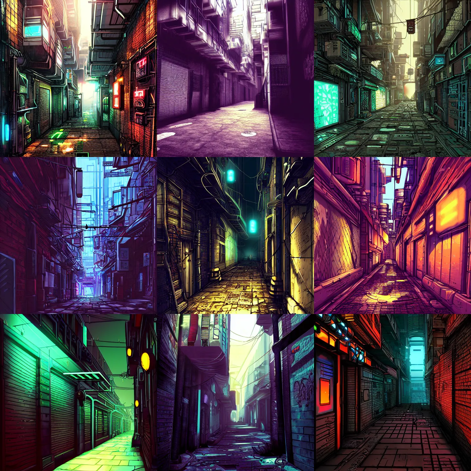 Prompt: cell shaded cyberpunk alley