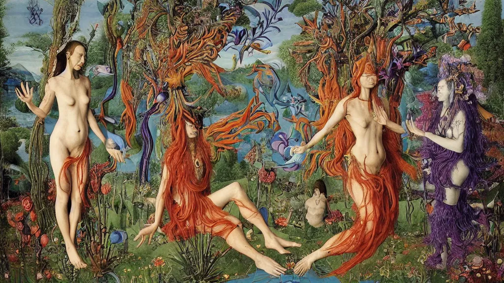 Prompt: a photograph of a meditating centaur shaman and a harpy mermaid mutating into beautiful aliens. surrounded by bulbous flowers and a few trees. river delta with mountains under a blue sky full of burning stars and birds. painted by jan van eyck, max ernst, ernst haeckel, ernst fuchs and artgerm. trending on artstation