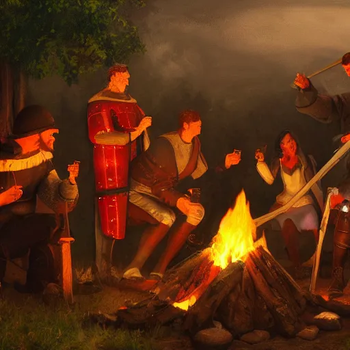 Prompt: a painting of medieval knights toasting marshmallows and making s'mores around the campfire in the style of howard pyle. volumetric lighting. 8 k resolution. best detail. trending on artstation trending on deviantart