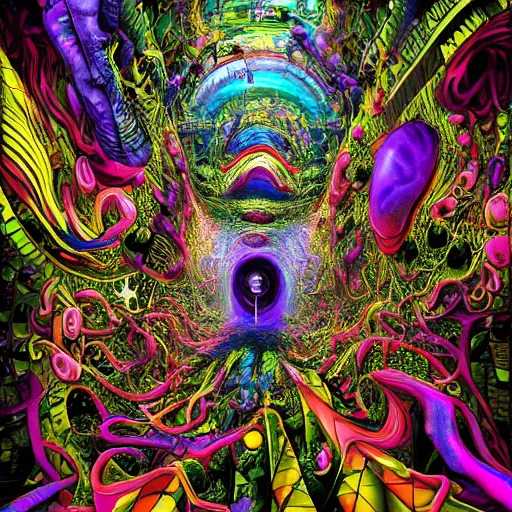 Image similar to portal into a psychotic and unstable dimension, vivid, hyper detailed, chaotic, bizarre, insane, digital art,