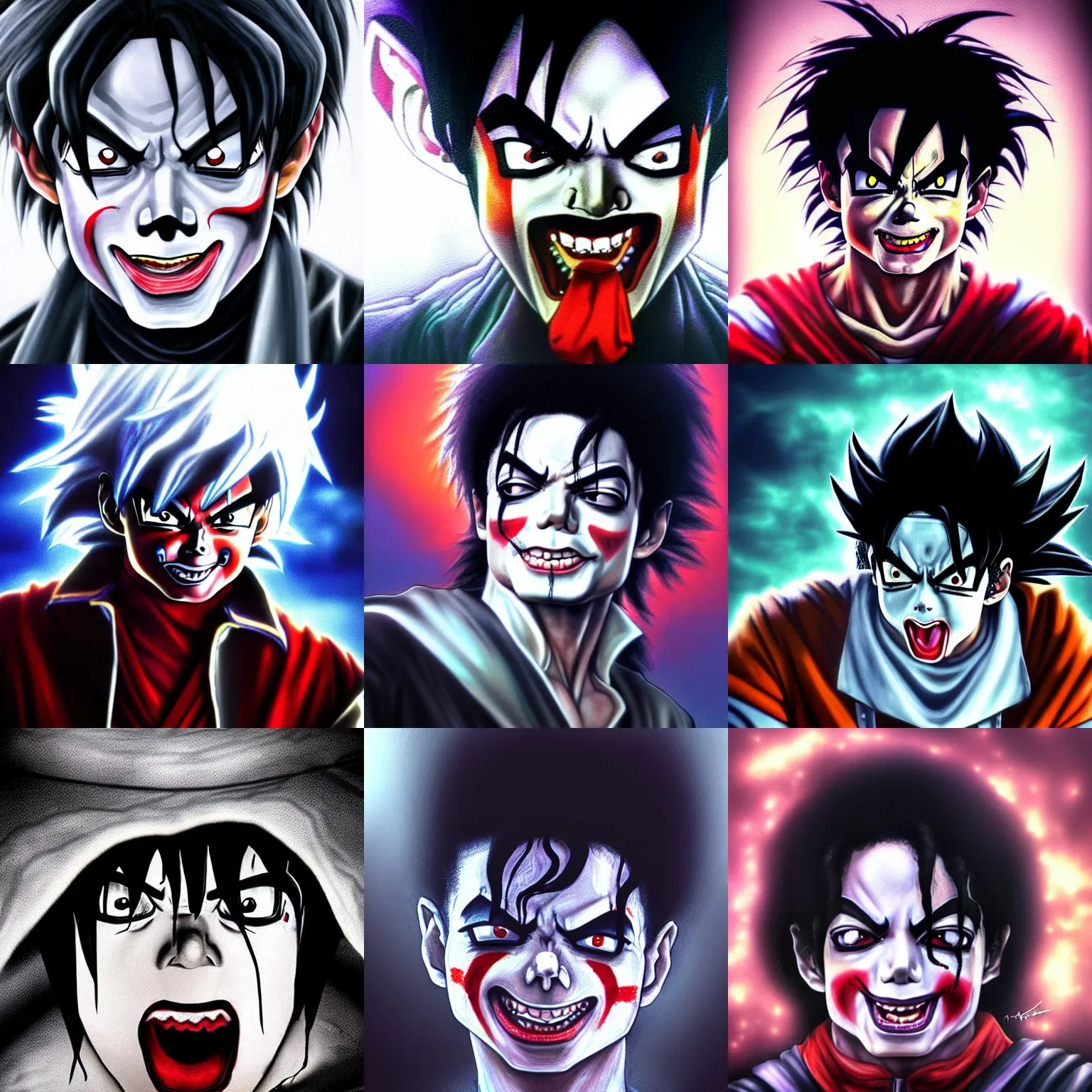 Prompt: michael jackson!!!! realistic dramatic !big face realistic close up concept art of michael jackson crying clown as a dragon ball Z character,dark eye sockets, graveyard landscape at night , 4k anime character illustration by akira toriyama, artstation