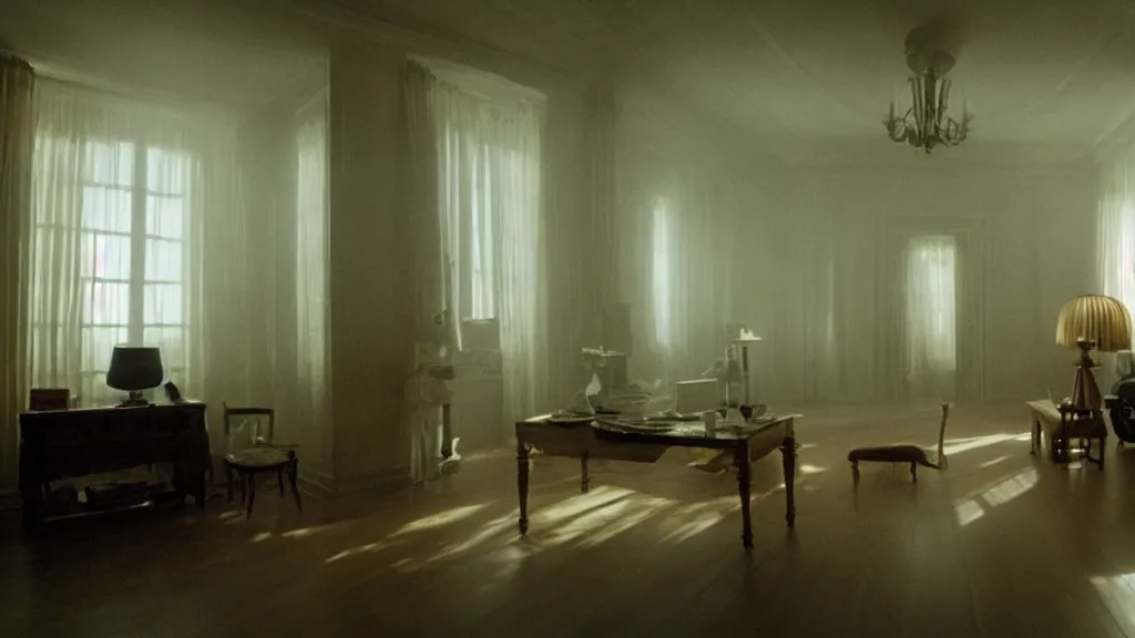 Image similar to the house in the house in the house, film still from the movie directed by denis villeneuve and david cronenberg, with art direction by salvador dali, wide lens