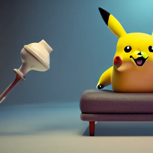 Image similar to Pikachu taking a bong rip on the couch, unreal engine 5, octane render, cgsociety, living room interior, soft lighting, ray tracing,