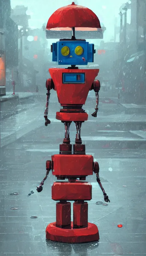 Image similar to arcade cabinet robot begging for coins in the rain, sharp focus, james gilleard, cinematic, game art, extremely detailed digital painting, print