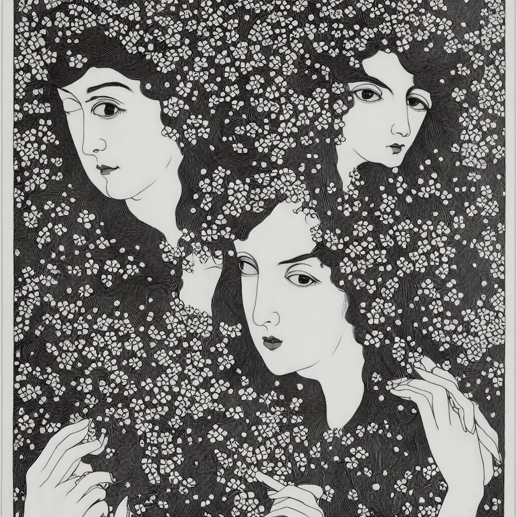 Prompt: , 4k, highly detailed, sharp focus 4k, highly detailed, sharp focus lithography by Aubrey Beardsley, symmetric portrait of one beautiful woman with flowers in her hair