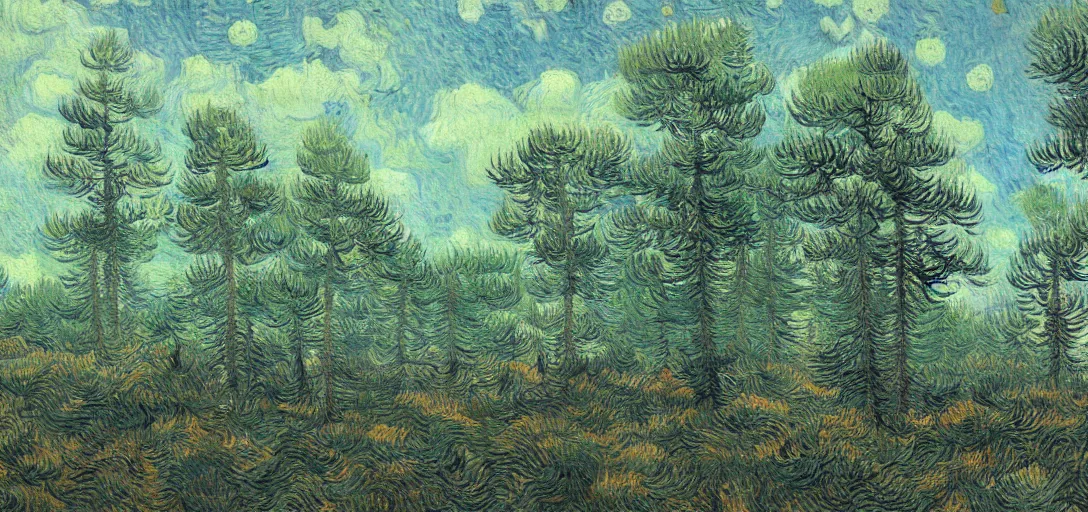 Image similar to “ ethereal, a pine forest growing on water surface, background of flowery hill, bokeh, beautiful shadows, soft, dreamy, beach sand viable in corner, realistic oil painting by van gogh, gustave dore, volumetric lighting, concept art. ”