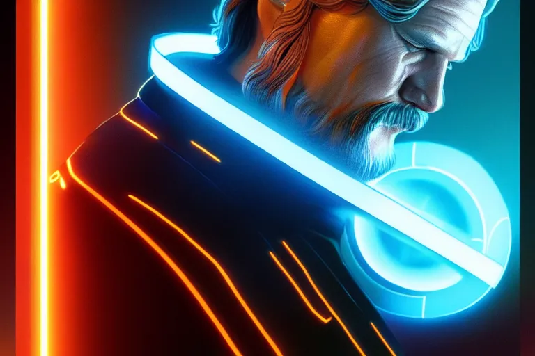 Image similar to tron legacy jesus disc battle with jeff bridges, face, diffuse lighting, hyper realistic, concept art, intricate, hyper detailed, smooth, sharp focus, illustration, artstation, art by greg rutkowski and james gurney and alphonse mucha