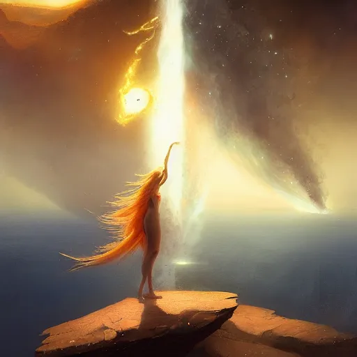 Image similar to A beautiful woman with long, flowy hair standing on a rock, witnessing two planets colliding in space. illustrated by Greg Rutkowski and Gaston Bussiere, trending on artstation, artstation futurism, artstation photography, subsurface scattering, bottom view, 4k, 8k