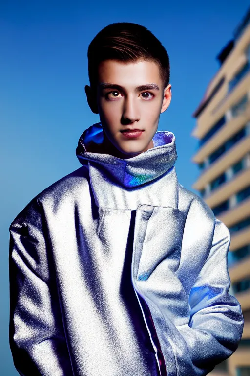 Image similar to un ultra high definition studio quality photographic art portrait of a young man standing on the rooftop of a british apartment building wearing soft baggy inflatable padded silver iridescent pearlescent clothing. three point light. extremely detailed. golden ratio, ray tracing, volumetric light, shallow depth of field. set dressed.