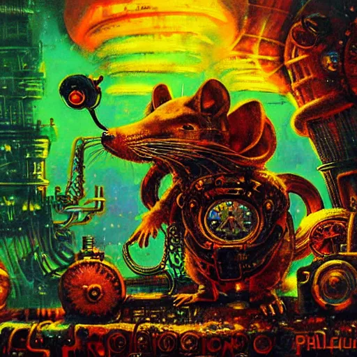 Image similar to steampunk rat, acid, 303, psychedelic, by paul lehr