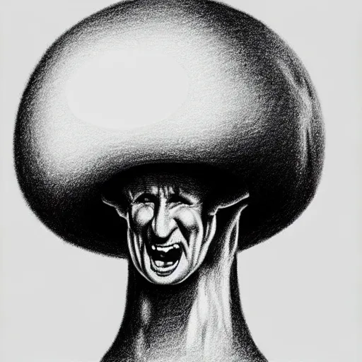 Image similar to vladimir putin wearing a nuclear mushroom cloud blast for a hat, cartoonish, ultra detailed pencil drawing, full perspective