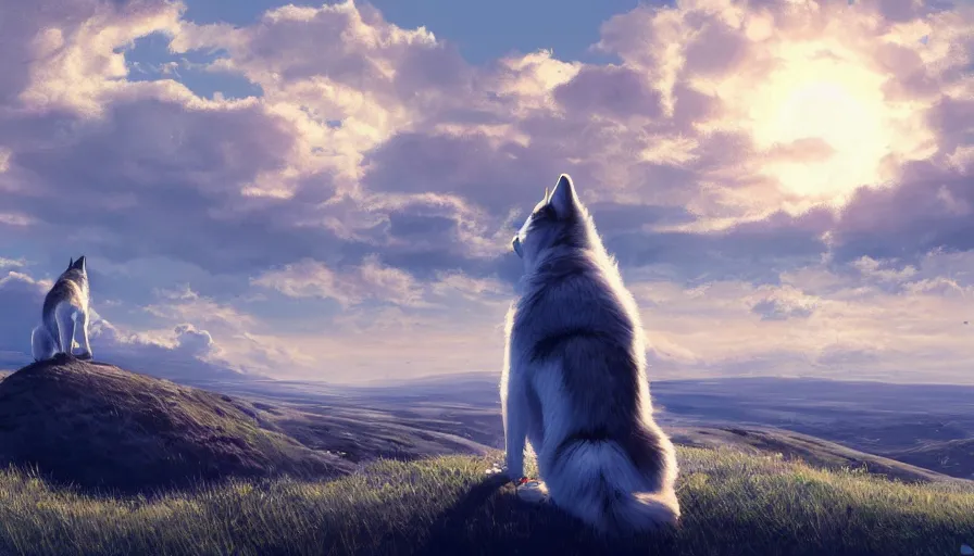 Image similar to back view of husky watching the sun sitting of the hill, clouds in the sky, hyperdetailed, artstation, cgsociety, 8 k