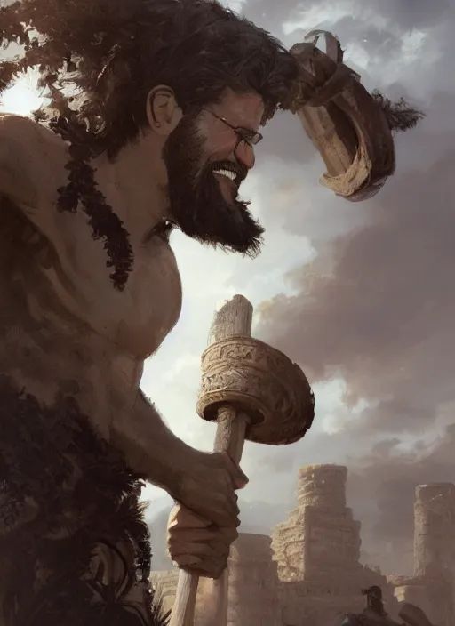 Prompt: illustration of young tim robbins with dark brown hair and a big bushy beard, big muscles, holding a greek column on his shoulder and grinning by greg rutkowski, bayard wu