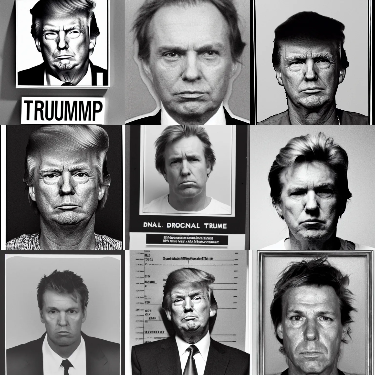 Prompt: Donald Trump criminal mugshot portrait, black and white, 1980s