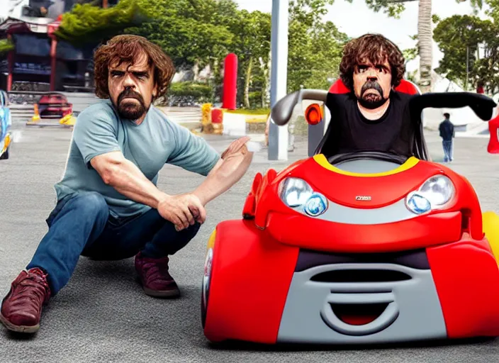 Prompt: peter dinklage driving a little tikes car, movie still, from the new fast and furious movie, 8 k, realistic