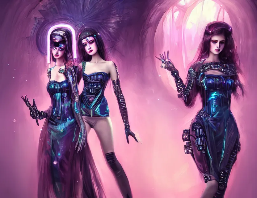 Prompt: two beautiful fashion cyberpunk girls wear fantasy dress in festival | | big eyes, sunny, dreamlike art, realistic shaded, smile, good looking, hyper details, 4 k realistic, cryengine, realistic shaded lighting poster by artgerm, ross tran, fuji choko, loish, 8 k resolution, trending on artstation, luxury