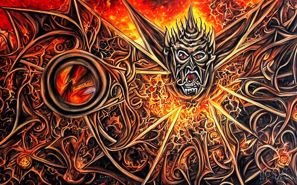 Prompt: the 7 layers of hell, doomsday, satan, pentagram, detailed, busy, hectic, painting by leona creo