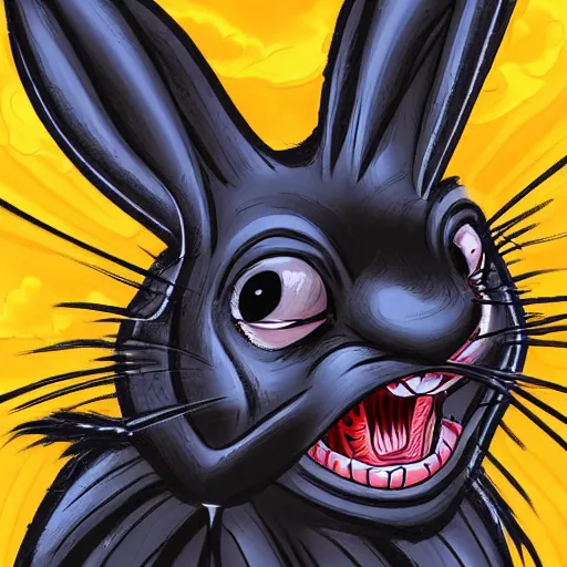 Image similar to A extremely highly detailed majestic hi-res beautiful, highly detailed head and shoulders portrait of a scary terrifying, horrifying, creepy maniacal crazy black cartoon rabbit with scary big eyes, earing a shirt laughing maniacally , let's be friends, in the style of a Walt Disney cartoon